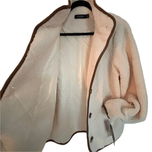 😊Ralph Lauren Sherpa Jacket Wm Sz M Cream Tan Trim Quilted Faux Shearling NEW - Picture 8 of 9